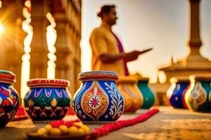 man standing in front of colorful pots and candles. AI-Generated photo