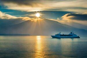 a cruise ship in the ocean with the sun shining behind it. AI-Generated photo