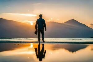 un hombre caminando en el playa a puesta de sol. generado por ai foto