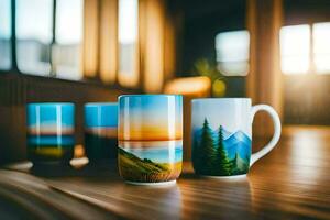 three coffee mugs with a view of the mountains. AI-Generated photo