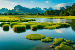 the grassy fields and mountains are reflected in the water. AI-Generated photo