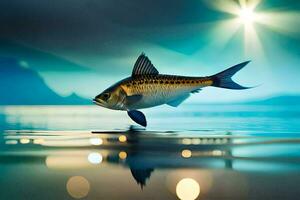 un pescado es saltando en el agua a noche. generado por ai foto
