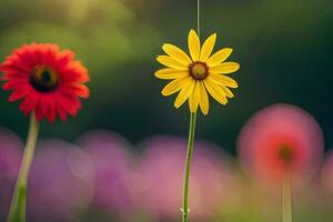 two yellow and red flowers are standing in front of each other. AI-Generated photo