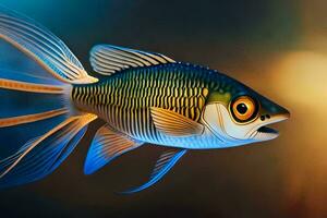 a fish with a blue and yellow body and a black tail. AI-Generated photo