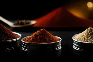 three different types of spices are shown in metal containers. AI-Generated photo