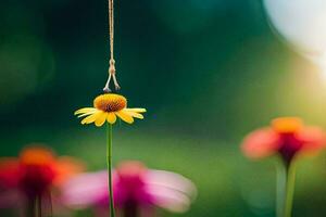a yellow flower hanging from a string. AI-Generated photo