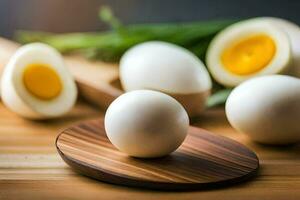 hard boiled eggs on a cutting board. AI-Generated photo