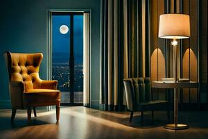 a chair and lamp in a room with a view of the city. AI-Generated photo