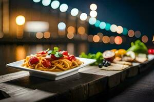 un plato de pasta y un pan en un de madera mesa. generado por ai foto