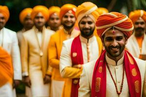 indian wedding party in orange and yellow. AI-Generated photo