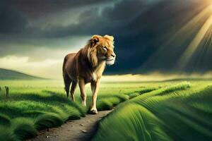 a lion walking in the grass with a dark sky. AI-Generated photo