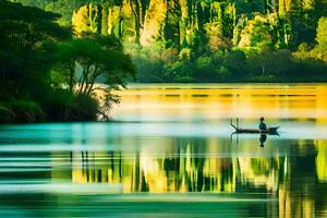 a man is rowing a boat on a lake surrounded by trees. AI-Generated photo