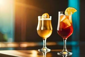 two glasses of alcoholic drinks with ice and lemon slices. AI-Generated photo