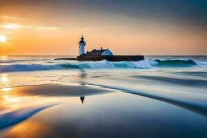 un faro se sienta en el playa a puesta de sol. generado por ai foto