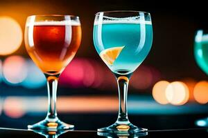 three glasses of different colored drinks on a table. AI-Generated photo