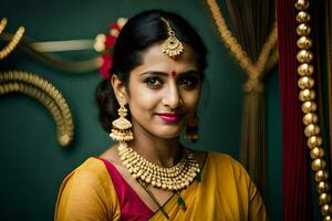 beautiful indian woman wearing gold jewelry. AI-Generated photo