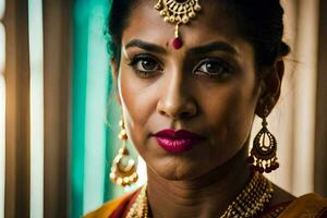 a woman wearing traditional jewellery and makeup. AI-Generated photo