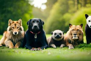 a group of dogs and cats sitting on the grass. AI-Generated photo