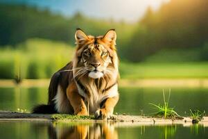a tiger sitting on the ground near a lake. AI-Generated photo