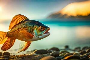 un pescado es en pie en el playa con rocas y agua. generado por ai foto