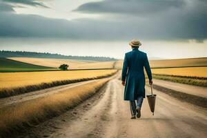 a man in a blue suit walks down a dirt road with an umbrella. AI-Generated photo