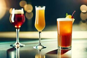 Tres diferente tipos de alcohólico bebidas en un mesa. generado por ai foto