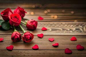 red roses on a wooden table with hearts. AI-Generated photo