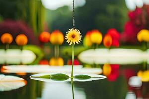 a single yellow flower is floating in a pond. AI-Generated photo