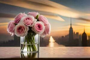 pink roses in a vase on a table with a city in the background. AI-Generated photo