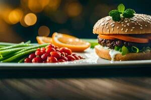 un hamburguesa con vegetales y Tomates en un lámina. generado por ai foto