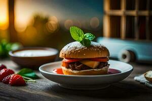 a hamburger with strawberries and mint on a plate. AI-Generated photo