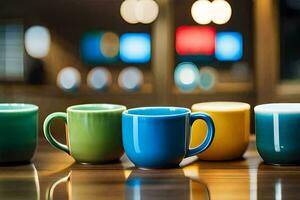 colorful coffee cups lined up on a table. AI-Generated photo