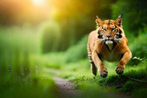 a tiger running through the grassy field. AI-Generated photo