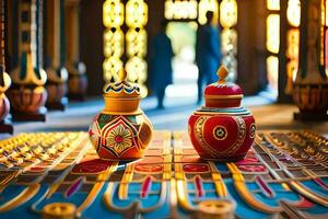 two colorful vases sit on a table in a room. AI-Generated photo