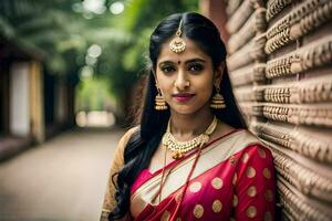 a beautiful indian woman in a red sari. AI-Generated photo