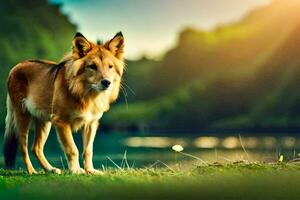 a wolf is standing on the grass near a lake. AI-Generated photo