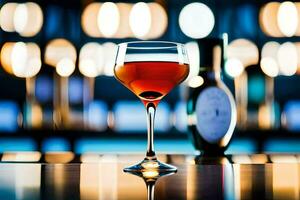a glass of wine sitting on a bar counter. AI-Generated photo
