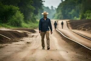 a man in a cowboy hat walks down a dirt road. AI-Generated photo