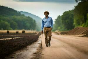 un hombre caminando abajo un suciedad la carretera con un caña. generado por ai foto