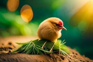 a small bird sitting on top of a pine branch. AI-Generated photo