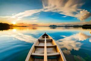 a boat is floating on the water at sunset. AI-Generated photo