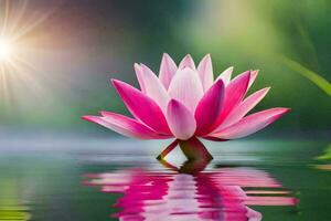 a pink lotus flower is reflected in the water. AI-Generated photo