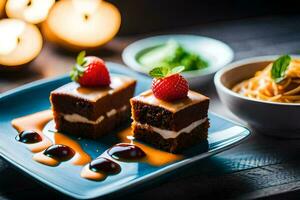 two pieces of chocolate cake with strawberries on a blue plate. AI-Generated photo