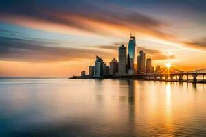 the sun sets over the city skyline in abu dhabi. AI-Generated photo
