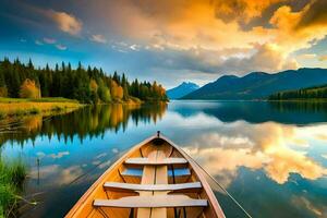 a boat is floating on the calm waters of a lake. AI-Generated photo