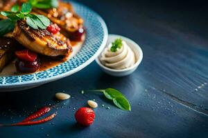 grilled chicken with cherry tomatoes and herbs on a blue plate. AI-Generated photo