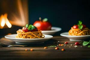 spaghetti with tomato and herbs on a plate. AI-Generated photo