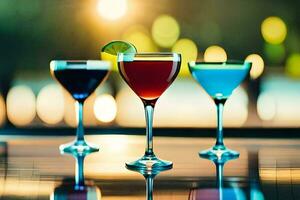 three different colored cocktails are lined up on a table. AI-Generated photo