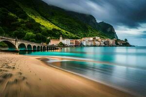 a bridge over the water and a beach with sand. AI-Generated photo