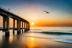 a long pier with waves crashing against it at sunset. AI-Generated photo